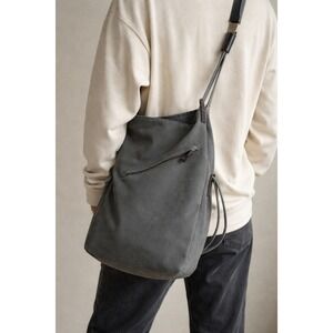 COOFIT Gray Canvas Drawstring Bucket Bag Shoulder Crossbody with Leather Accents